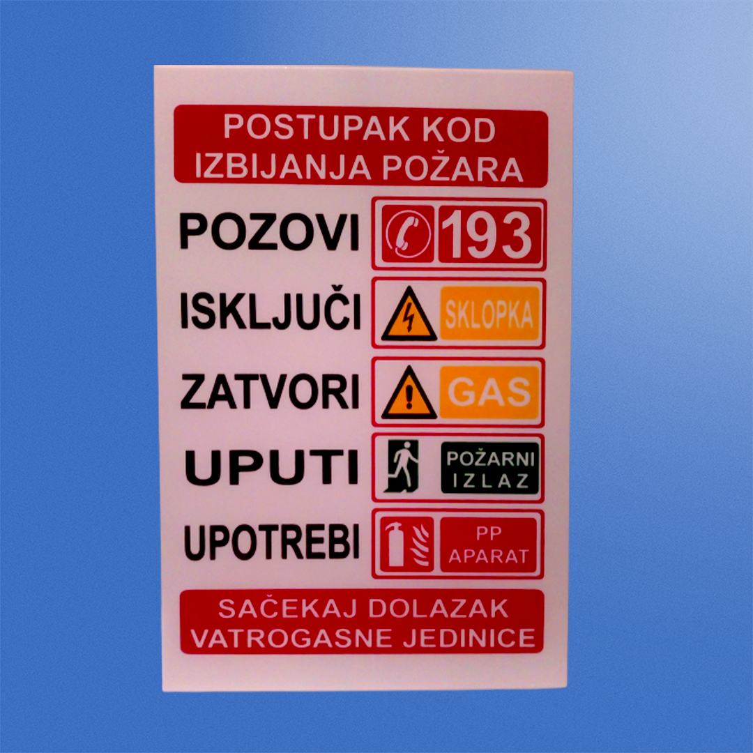 Table - Tabla "Postupak kod izbijanja požara" (Sito štampa firm-art.com) 